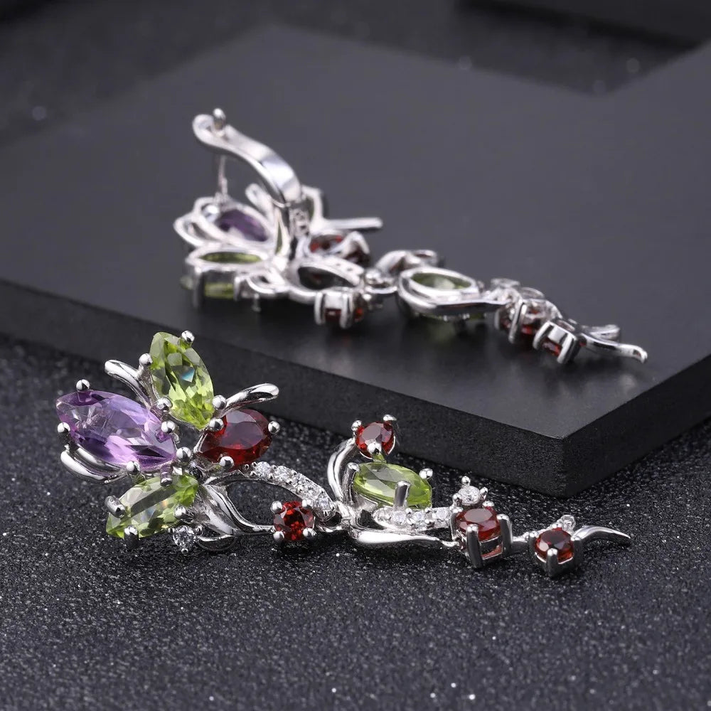 Women's Flower Peridot Amethyst Garnet Drop Earrings