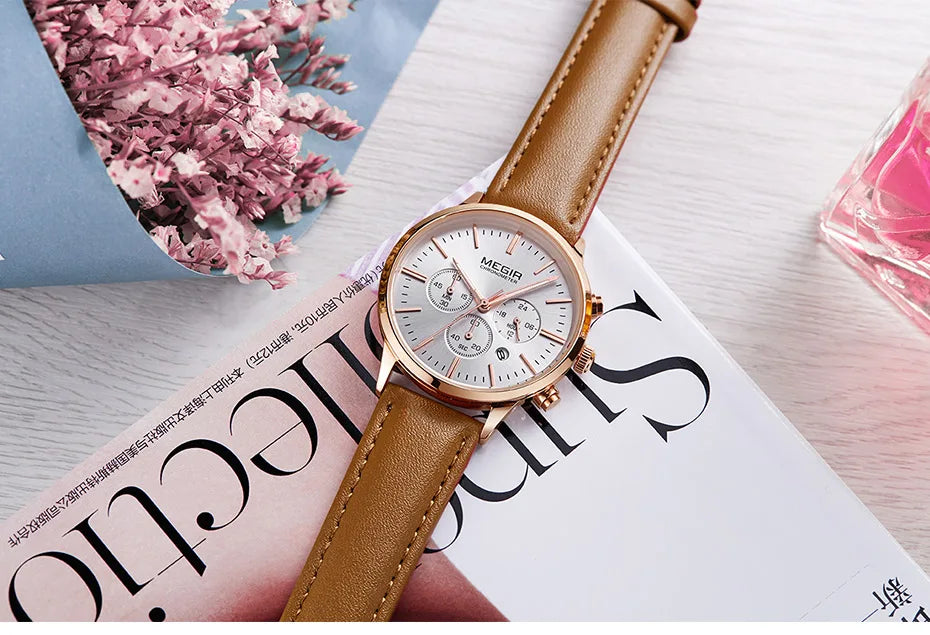 Chronograph Date Indicator Brown Leather Strap Quartz Watch for Women.