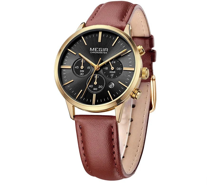 Chronograph Date Indicator Brown Leather Strap Quartz Watch for Women.