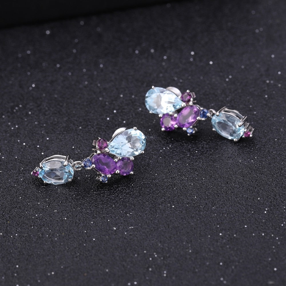 Womens Studs, Sterling Silver Blue Topaz Amethyst Stud.