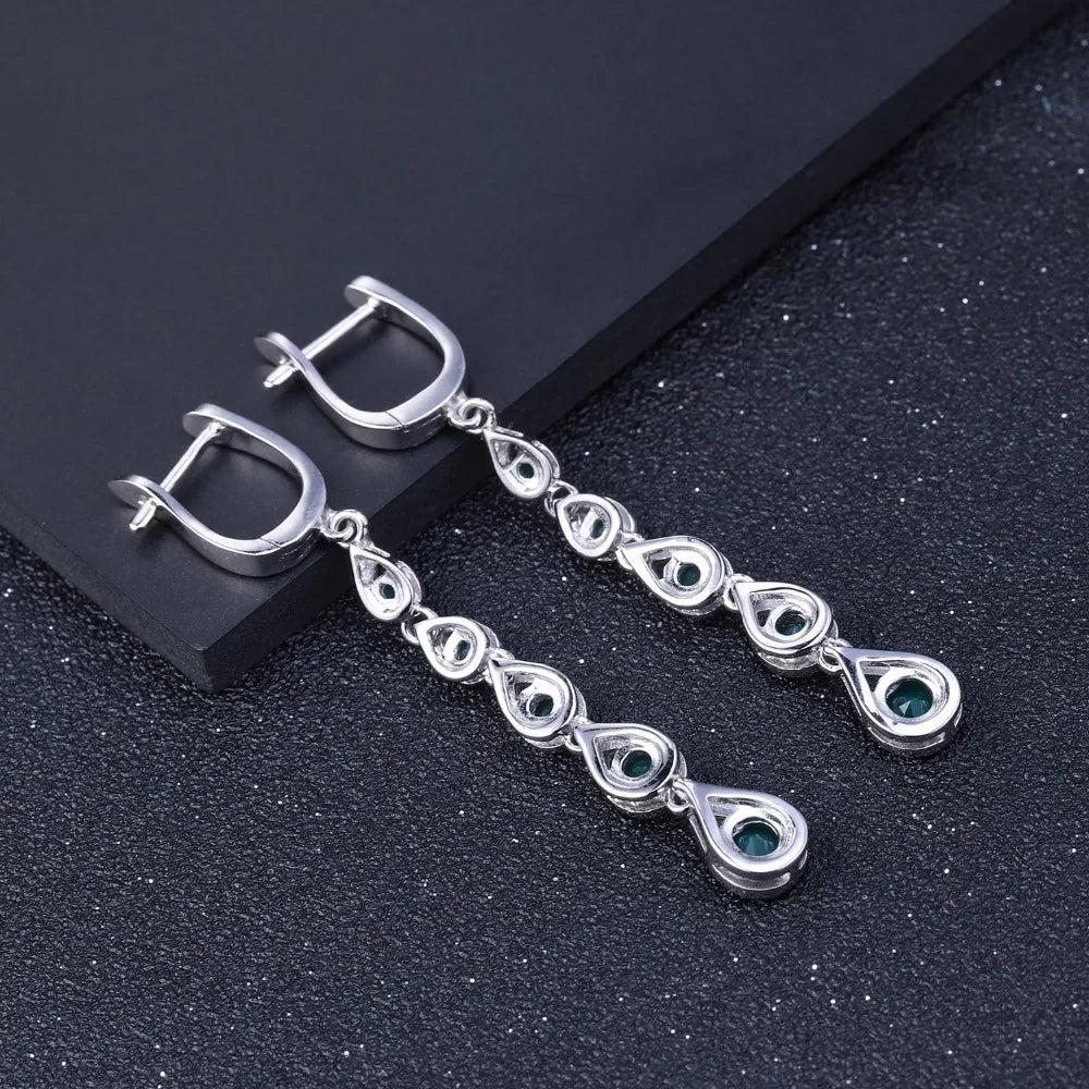 Sterling Silver Drop Earrings Green Agate Gemstone Earrings