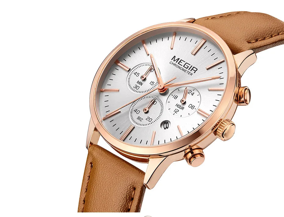 Chronograph Date Indicator Brown Leather Strap Quartz Watch for Women.