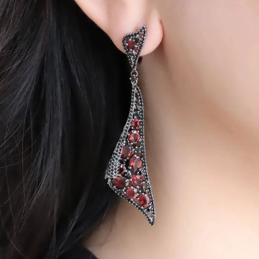 Sterling Sliver Vintage Gothic Red Garnet Gemstone  Earrings
