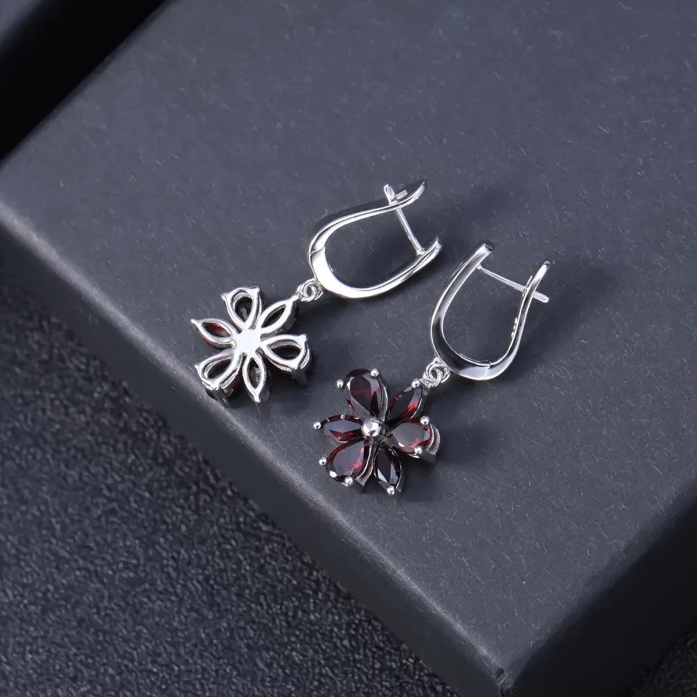 Women's Sterling Silver Flower Design Garnet Drop Earrings