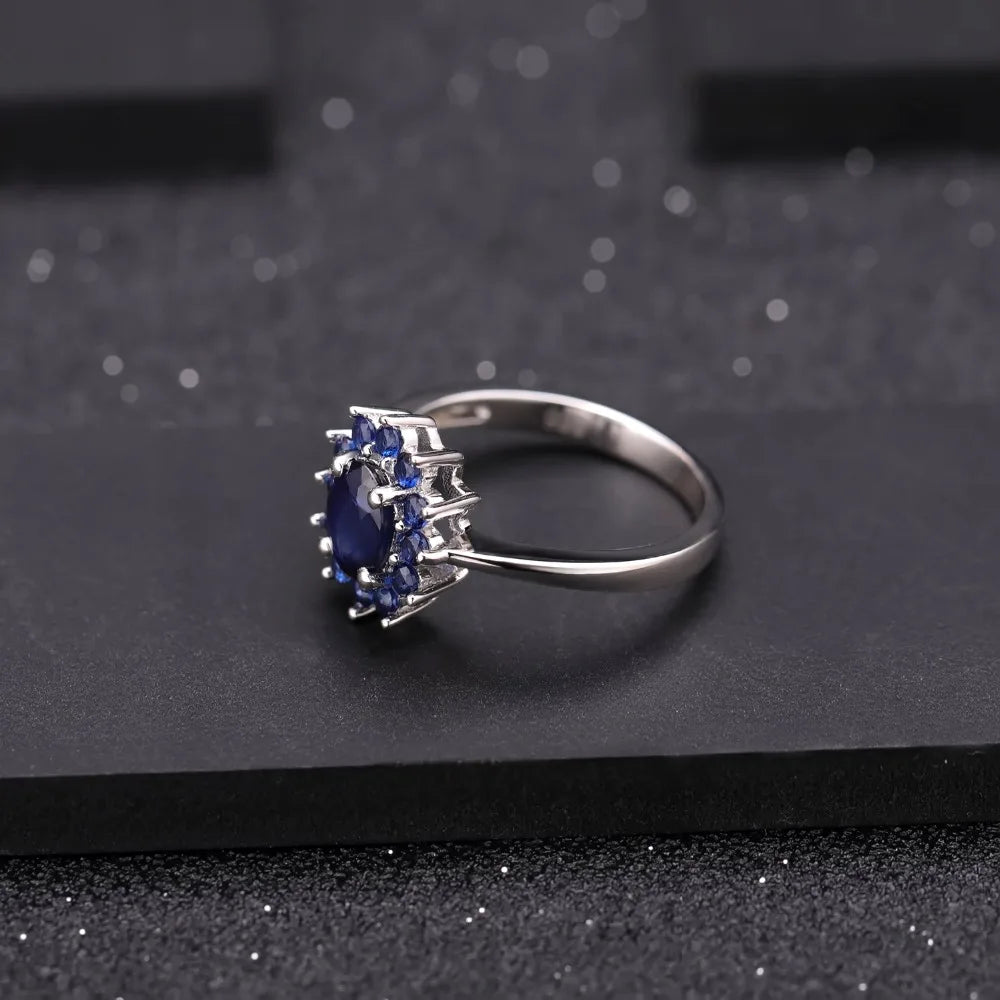 Women's Blue Sapphire Silver Vintage Flower Gemstone Ring