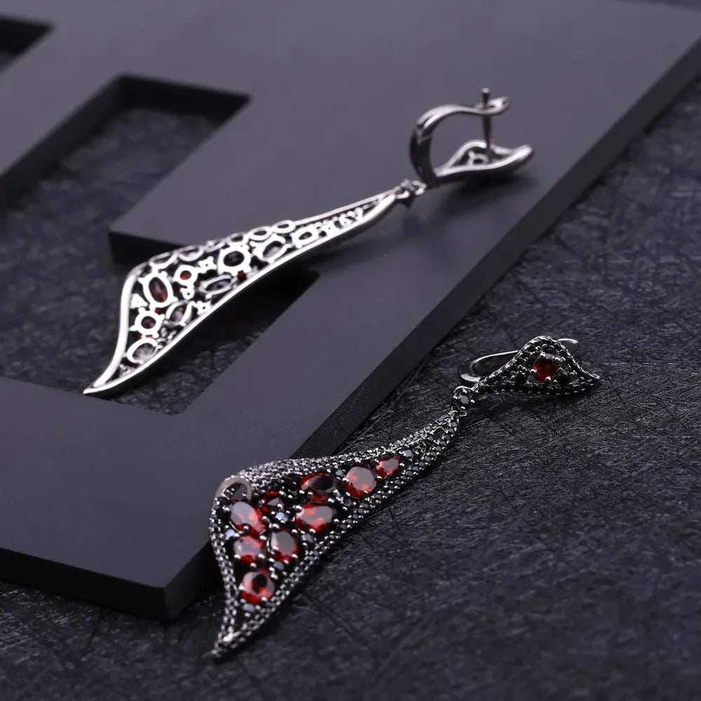 Sterling Sliver Vintage Gothic Red Garnet Gemstone  Earrings