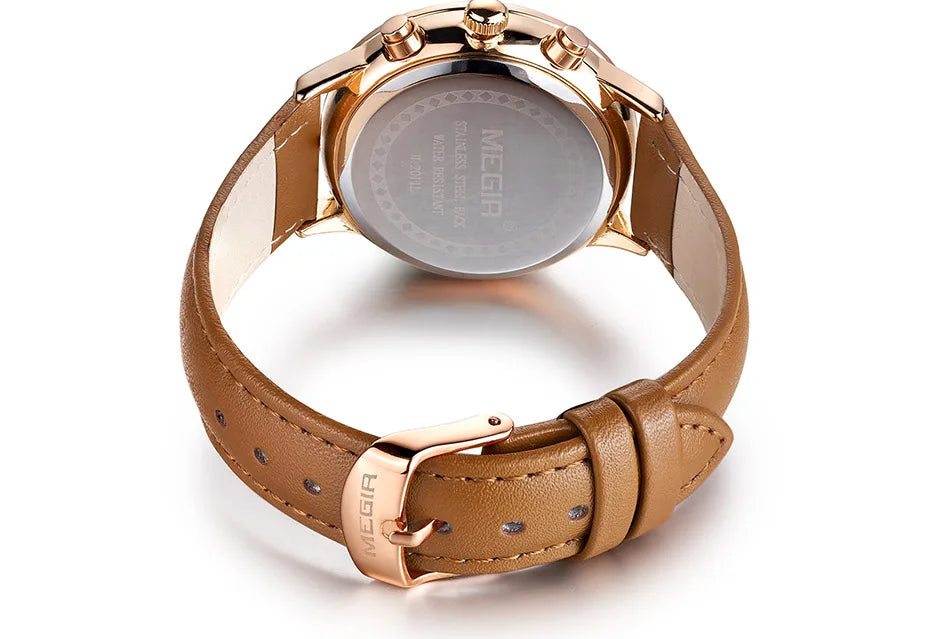 Chronograph Date Indicator Brown Leather Strap Quartz Watch for Women.