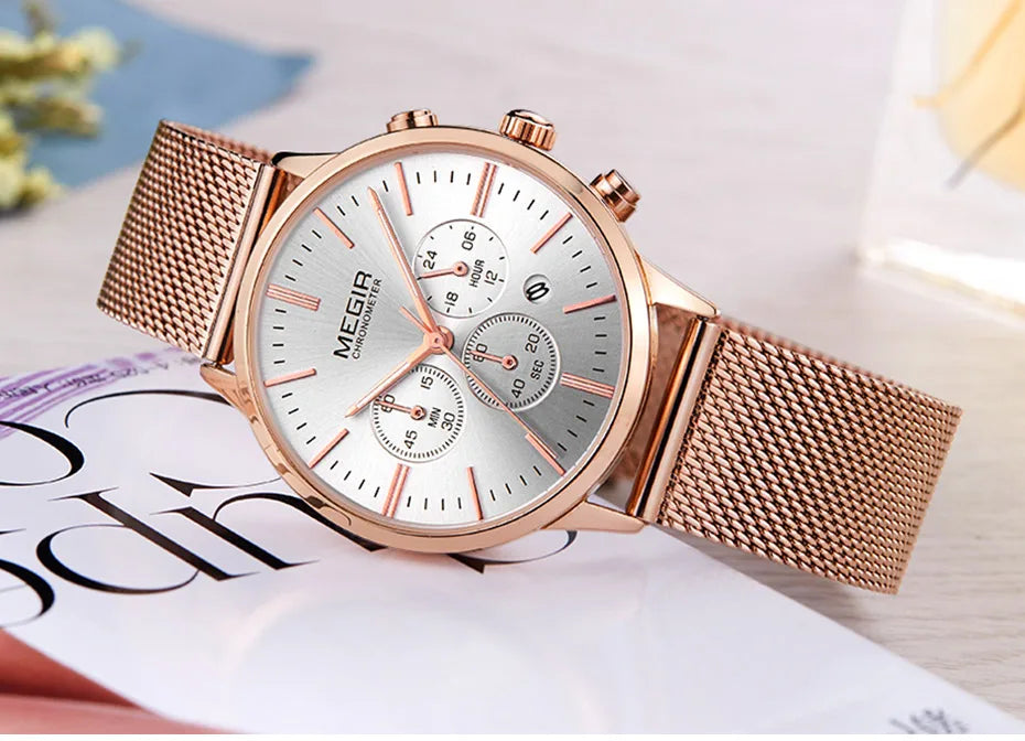 Women's Stainless Steel Mesh Bracelete Quartz Watch Chronograph Watch.