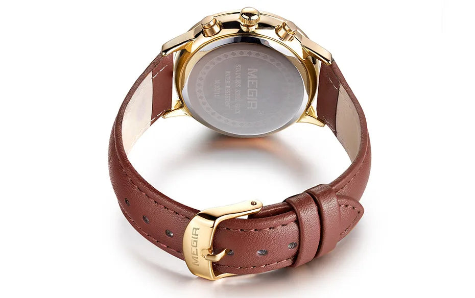 Chronograph Date Indicator Brown Leather Strap Quartz Watch for Women.