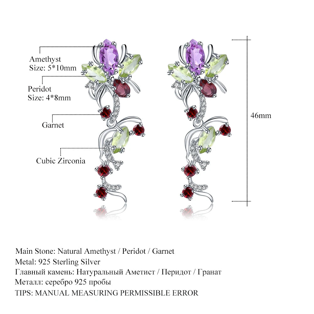 Women's Flower Peridot Amethyst Garnet Drop Earrings
