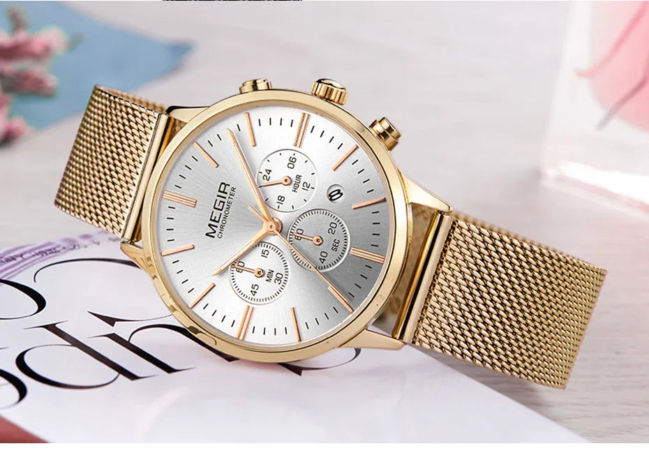 Women's Stainless Steel Mesh Bracelete Quartz Watch Chronograph Watch.