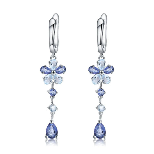 Iolite Mystic Sky Blue Topaz Silver Flower Drop Earrings