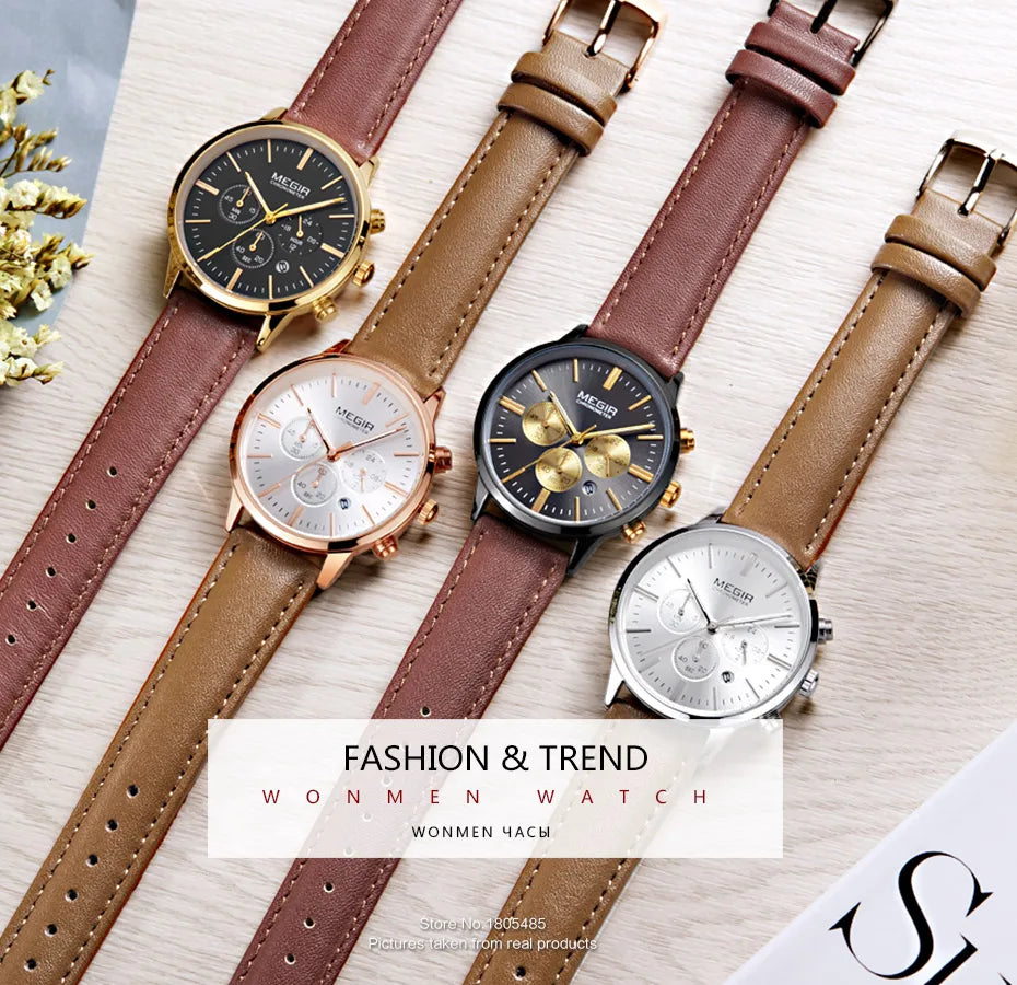 Chronograph Date Indicator Brown Leather Strap Quartz Watch for Women.