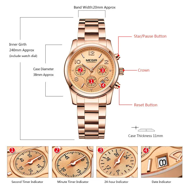 Chronograph Quartz Watches Women Top Brand Luxury Rose Gold watch.