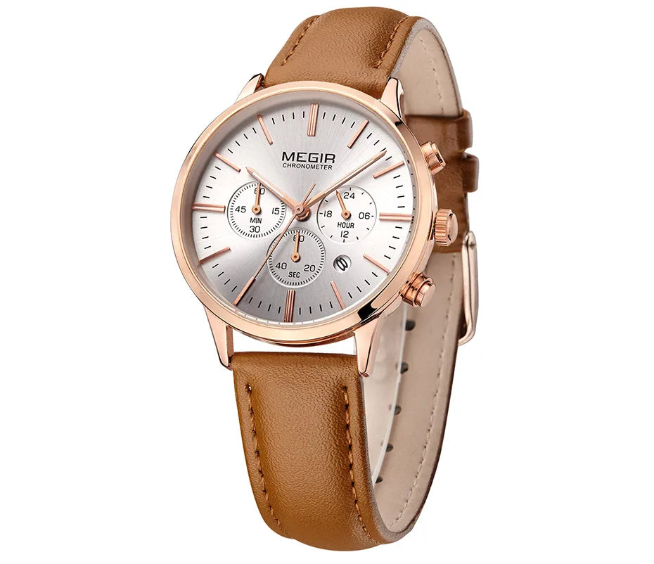 Chronograph Date Indicator Brown Leather Strap Quartz Watch for Women.