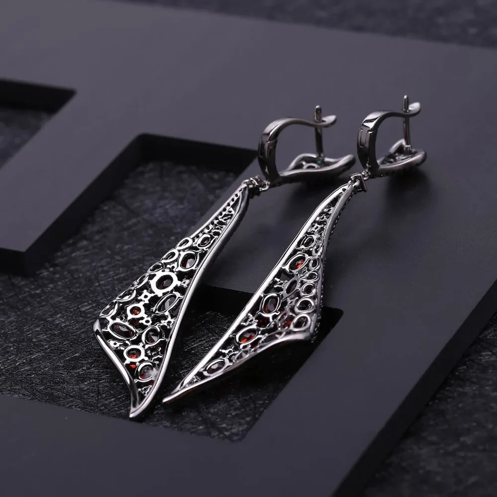 Sterling Sliver Vintage Gothic Red Garnet Gemstone  Earrings