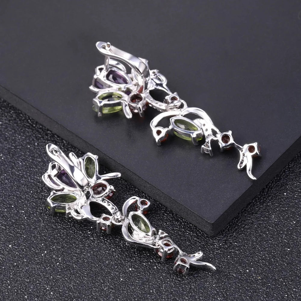 Women's Flower Peridot Amethyst Garnet Drop Earrings