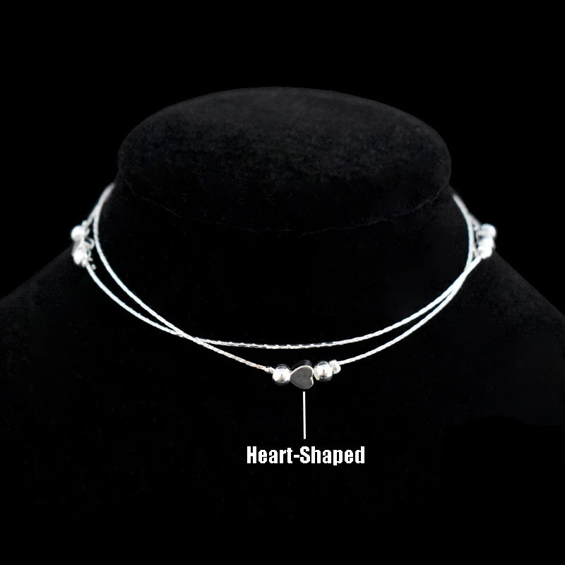 925 Sterling Silver Double Layers Heart & Star Charm Anklet