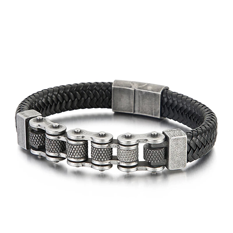 Bicycle Chain Men's Bracelet Woven Leather Wrapped Charm
