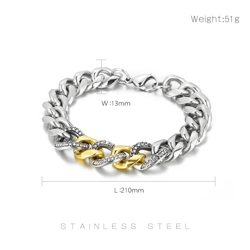 13mm Zircon Bracelet For Women And men Thick Chain Stainless Steel.