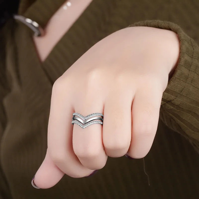 Womans 925 Resizable Silver V Shape Multilayer Zircon Rings