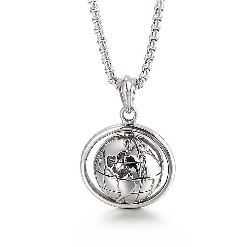 Globe Pendant Steel Color Men's Punk Style Stainless Steel Necklace.