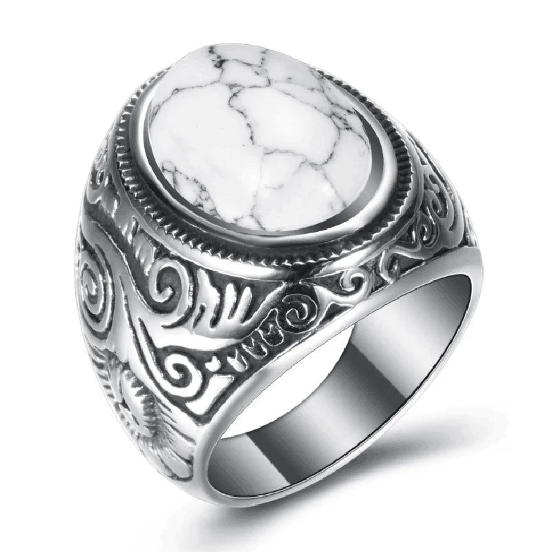 Men's Carved Pattern Stainless Steel Blue Stone Ring