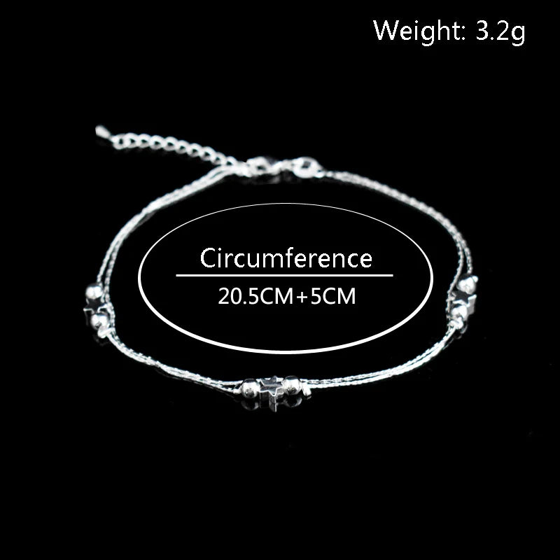 925 Sterling Silver Double Layers Heart & Star Charm Anklet