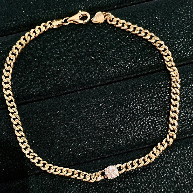 18K Yellow Gold Diamonds Classic Cuban Chain Bracelet For Woman.