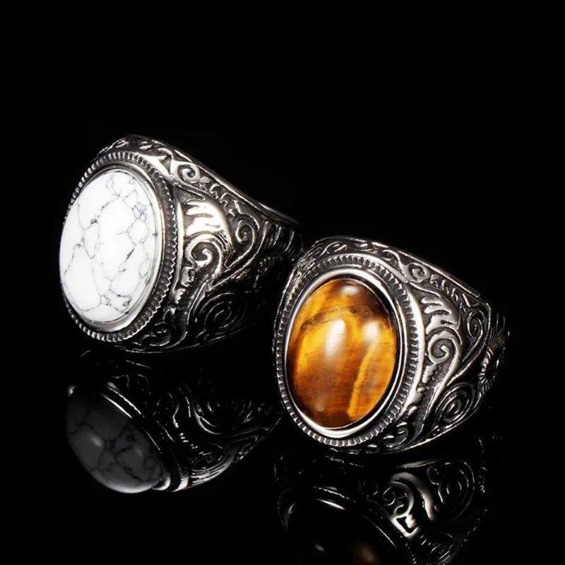 Men's Carved Pattern Stainless Steel Blue Stone Ring
