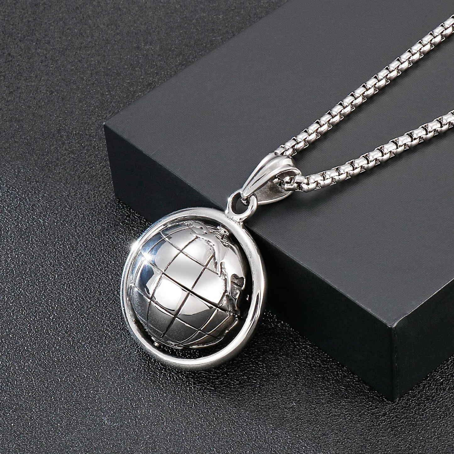 Globe Pendant Steel Color Men's Punk Style Stainless Steel Necklace.