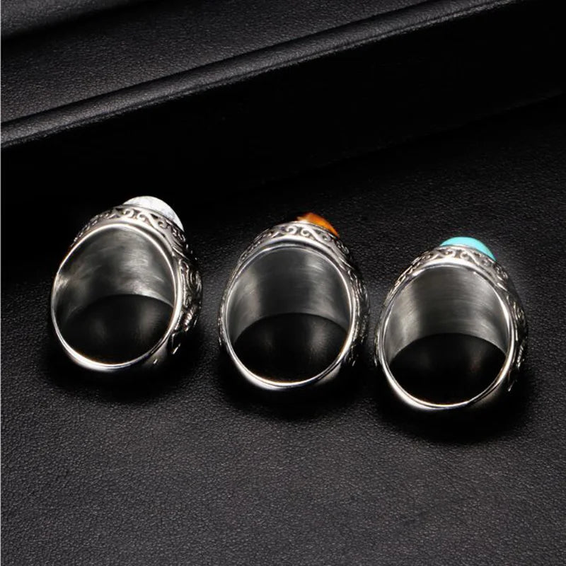 Men's Carved Pattern Stainless Steel Blue Stone Ring
