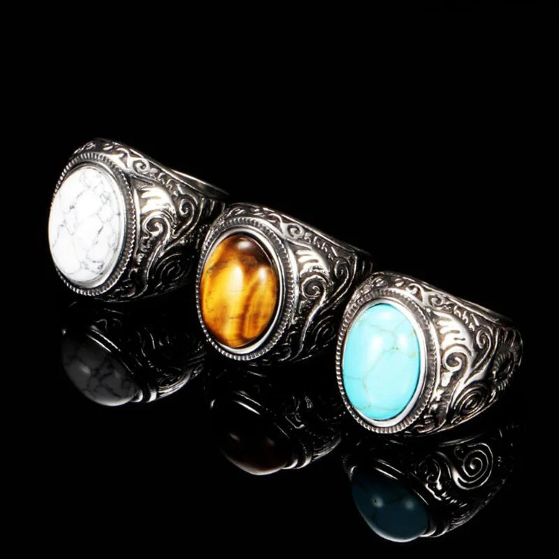 Men's Carved Pattern Stainless Steel Blue Stone Ring