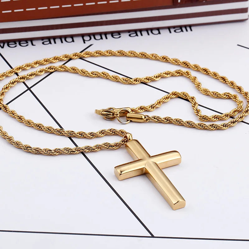 Cross Chain For Men 60cm Stainless Steel Gold ColorCross Necklace.