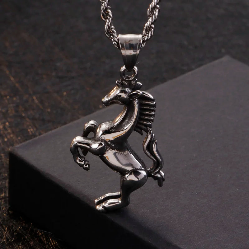 Stainless Steel Running Horse Necklace For Men Hip Hop Animal Colar.