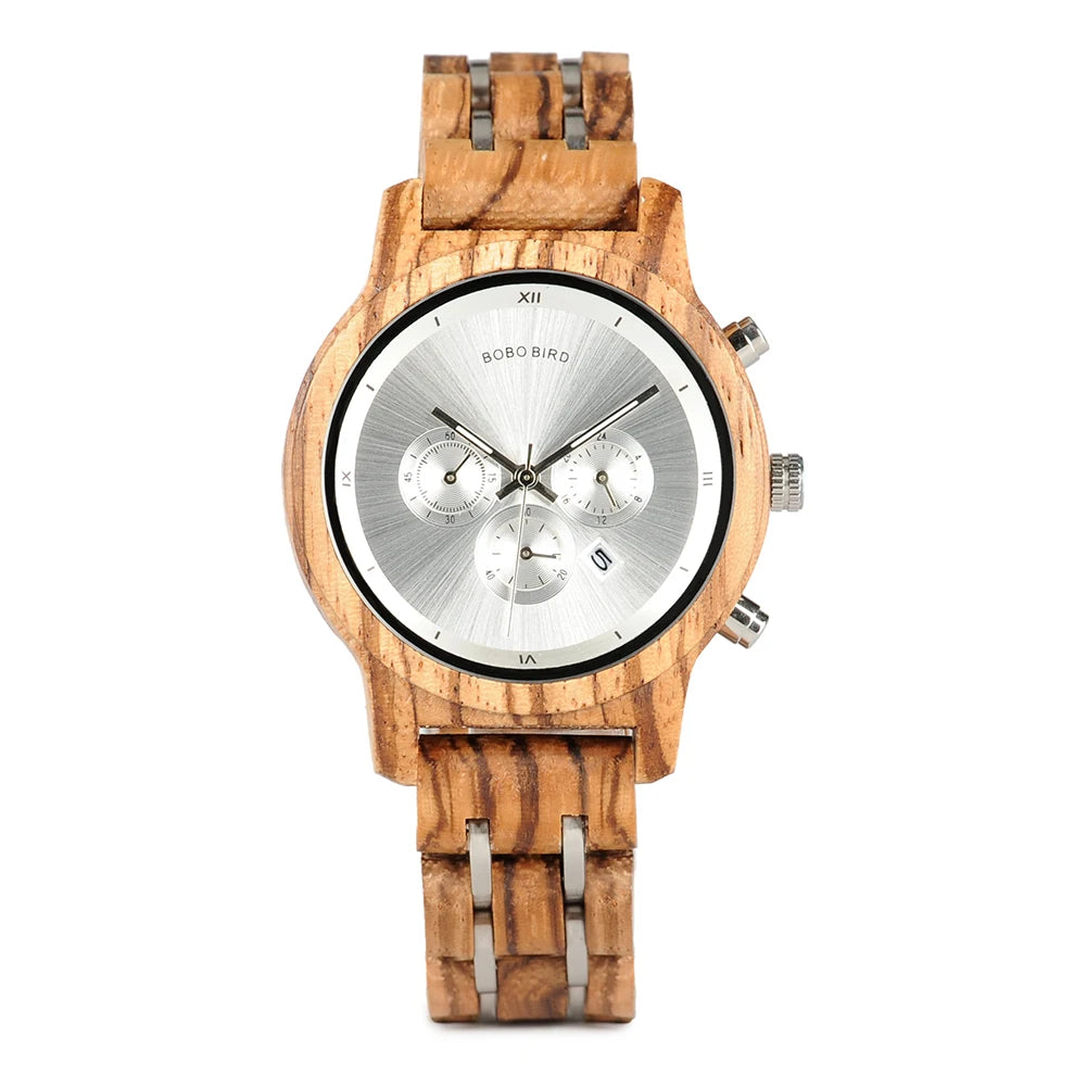 Women Chronograph Watch With Auto Date Versatile Wooden Timepieces.