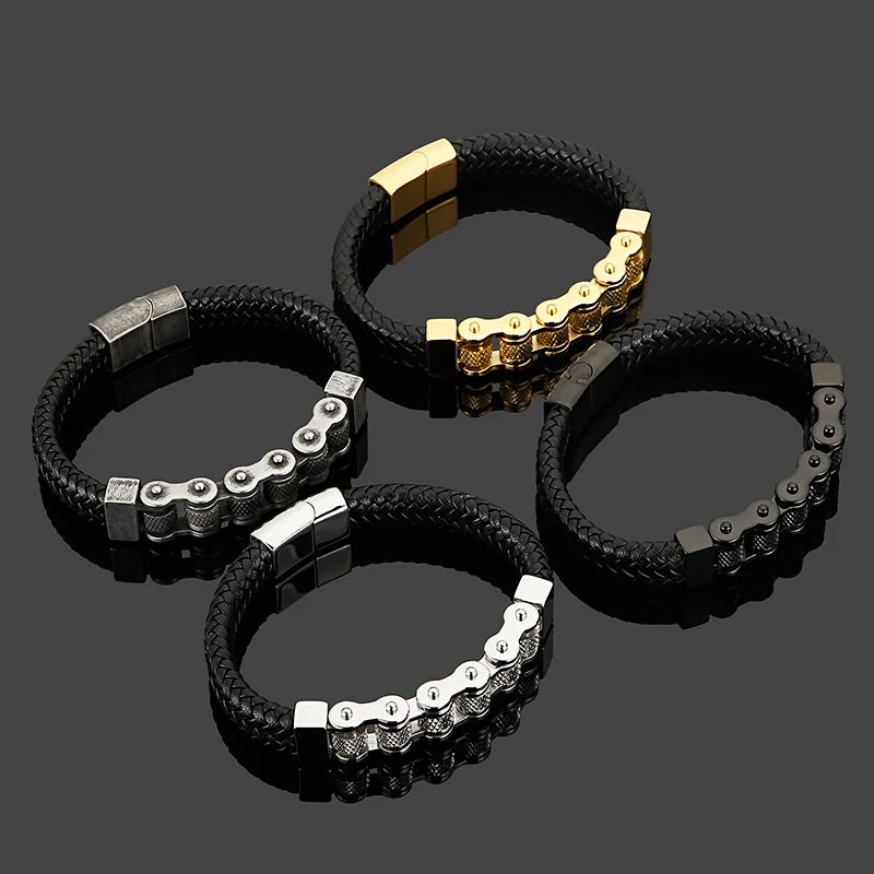 Bicycle Chain Men's Bracelet Woven Leather Wrapped Charm