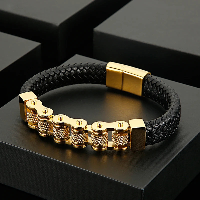 Bicycle Chain Men's Bracelet Woven Leather Wrapped Charm