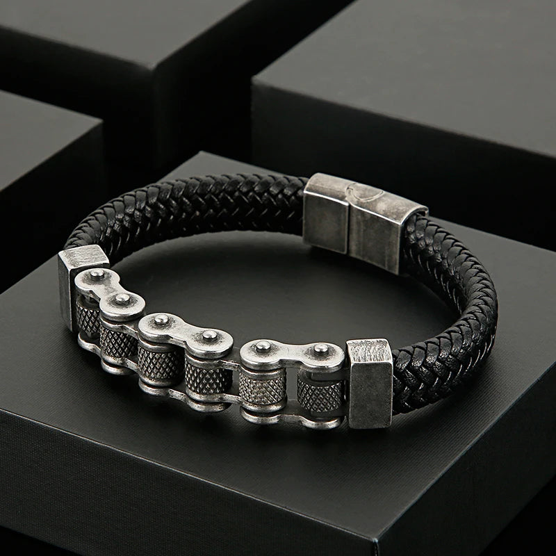 Bicycle Chain Men's Bracelet Woven Leather Wrapped Charm