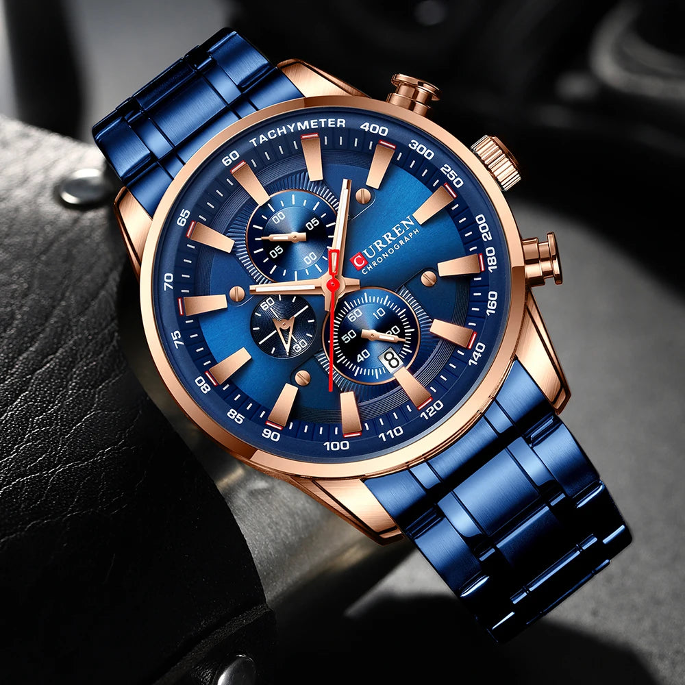 Mens Stainless Steel  Luminous Sporty Chronograph Wristwatch