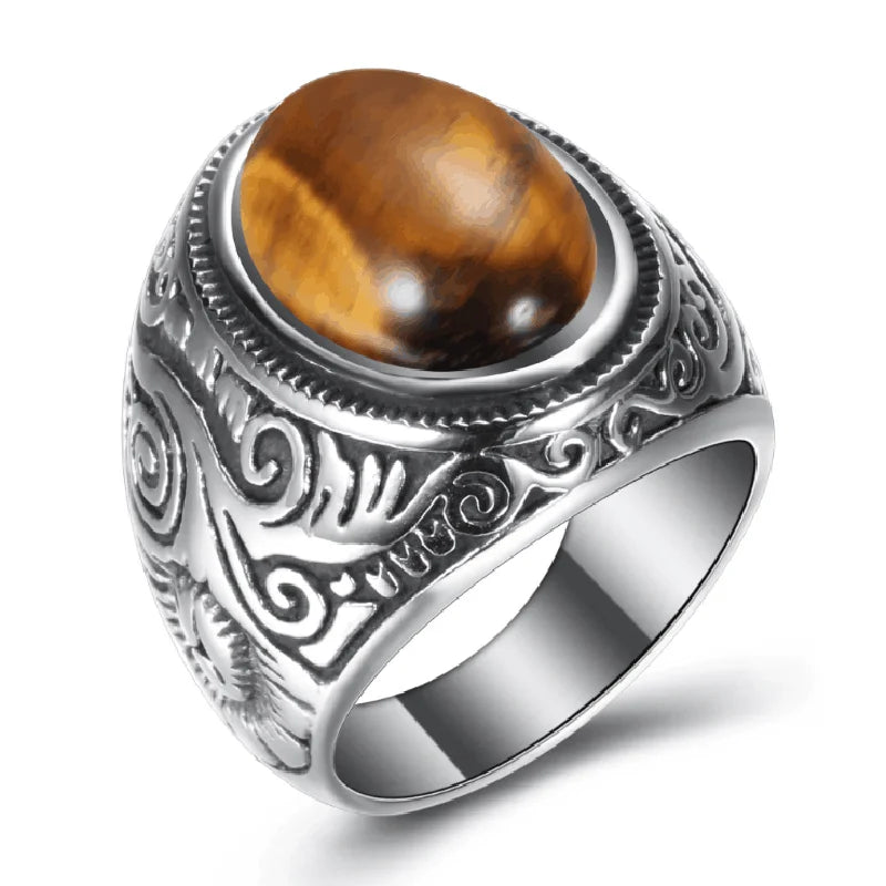 Men's Carved Pattern Stainless Steel Blue Stone Ring