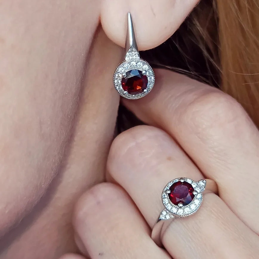 3.15Ct Red Garnet Gemstone Earrings 925 Sterling Silver Set For Women.