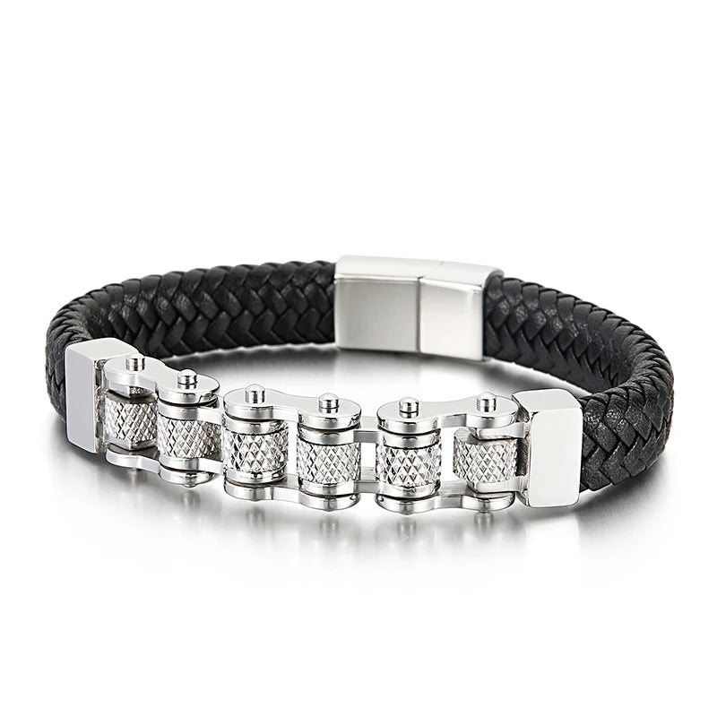 Bicycle Chain Men's Bracelet Woven Leather Wrapped Charm