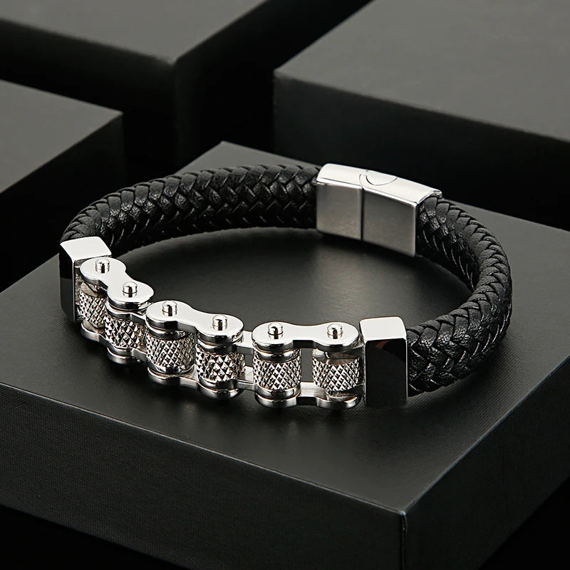 Bicycle Chain Men's Bracelet Woven Leather Wrapped Charm
