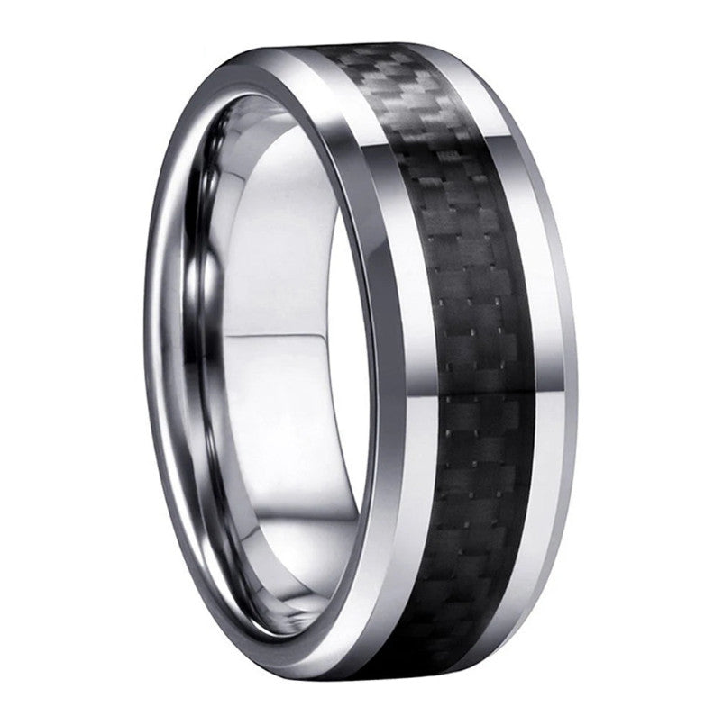 Men, Women Carbon Fiber Inlay Beveled Polished Ring