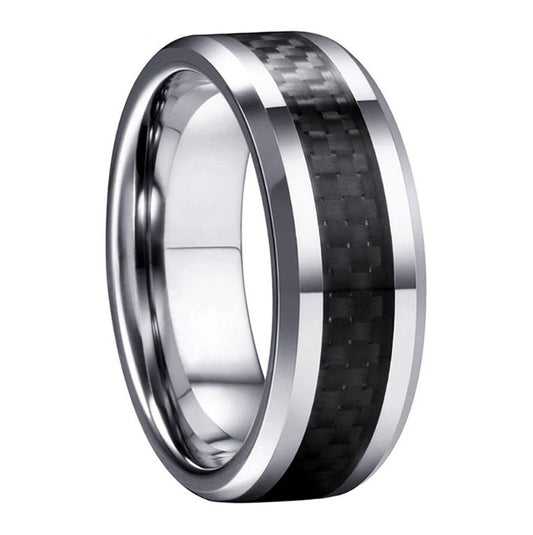 Men, Women Carbon Fiber Inlay Beveled Polished Ring