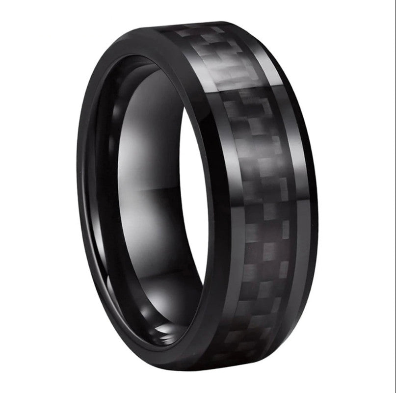 Men, Women Carbon Fiber Inlay Beveled Polished Ring