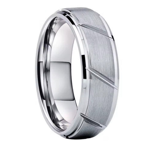 Men's Classic Wedding Band Tungsten Grooved Brushed Ring