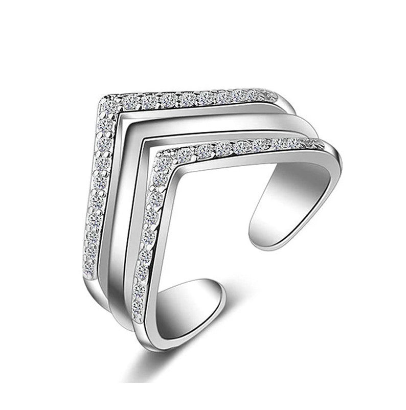 Womans 925 Resizable Silver V Shape Multilayer Zircon Rings