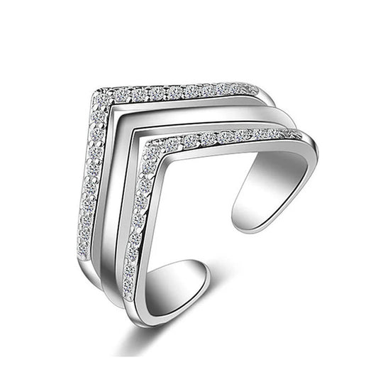 Womans 925 Resizable Silver V Shape Multilayer Zircon Rings